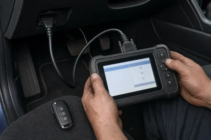 Hands holding a diagnostic tablet connected beneath a car dashboard, with a key fob resting on the person’s leg. — Key Fob Programming, Toronto