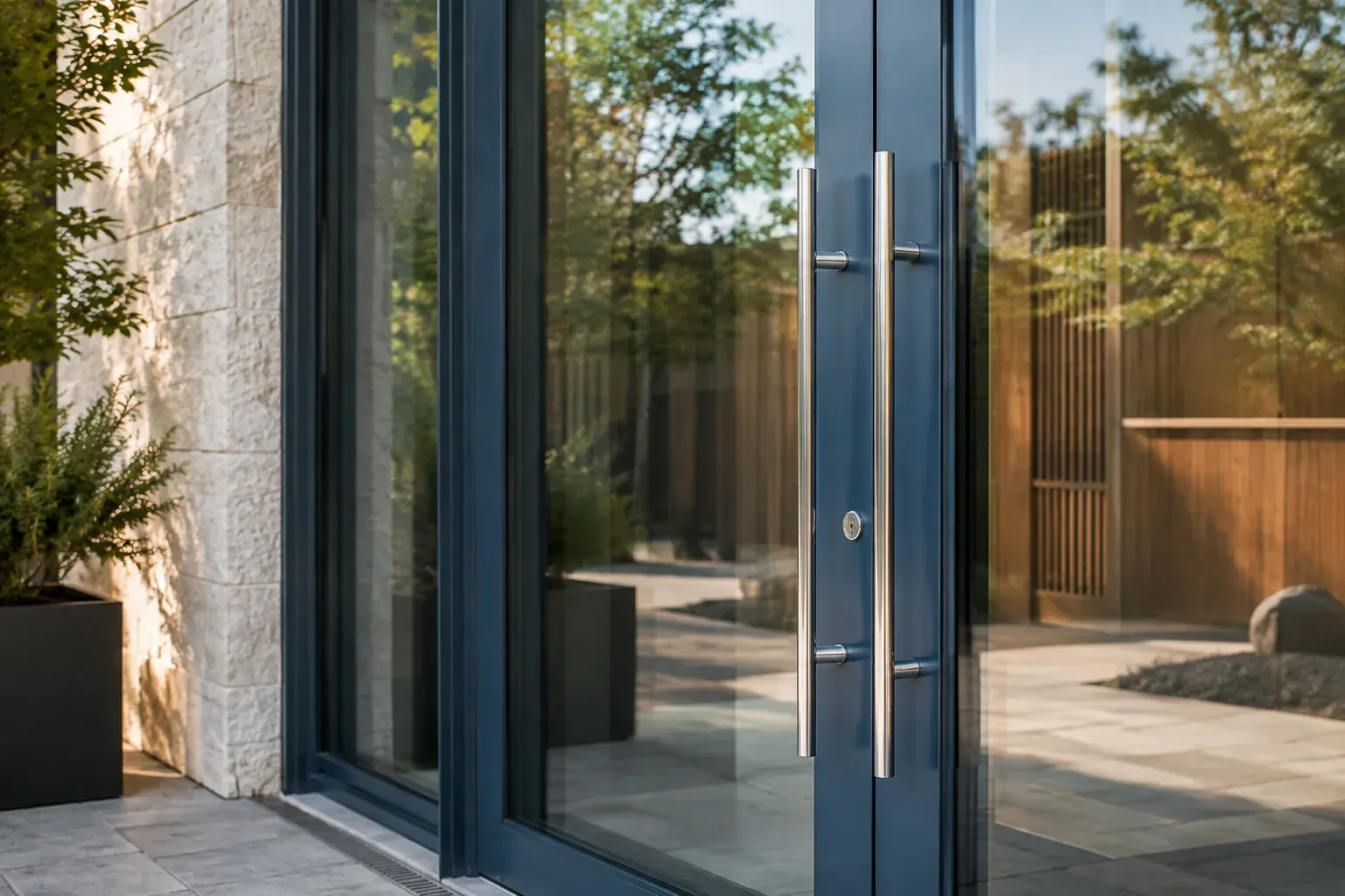 Dark-framed glass entrance doors with long silver-colored vertical pull handles and a round keyhole. — Business Lockout Service, Toronto