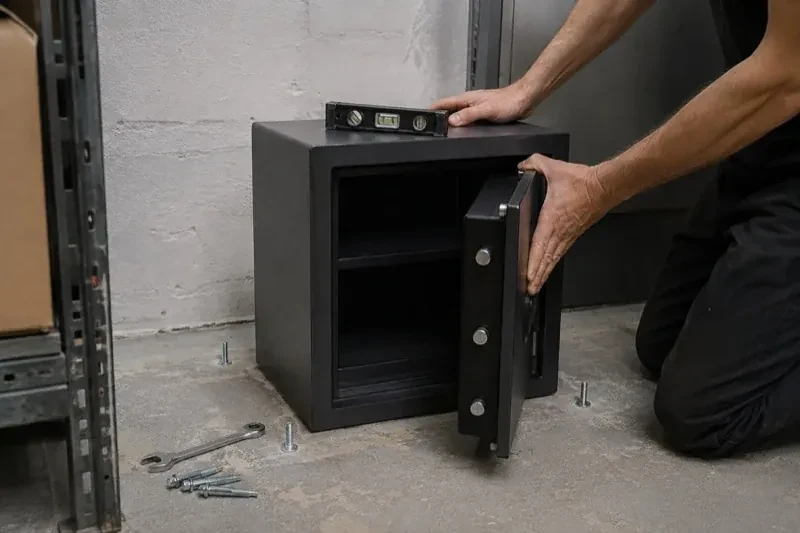 Person kneeling beside an open black safe with a spirit level on top and loose bolts and a wrench on the concrete floor. — Safe Installation & Servicing, Toronto